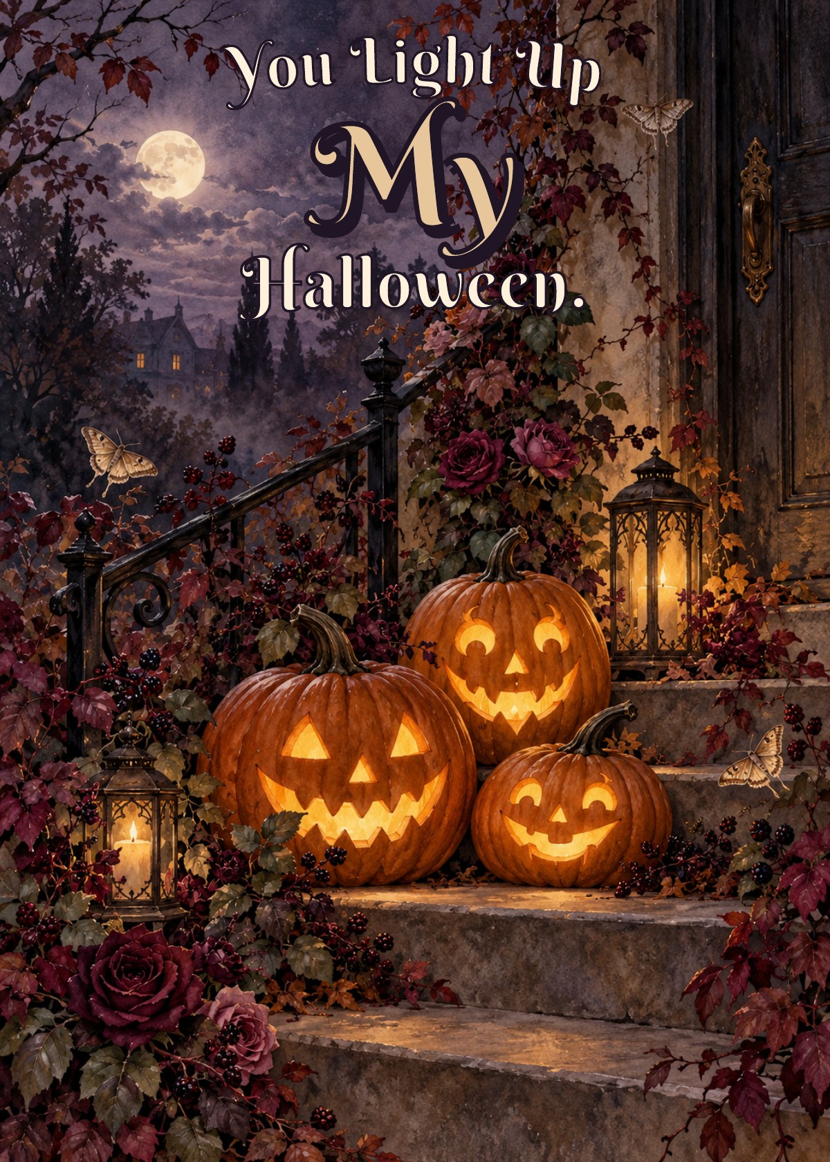 Gothic Halloween card showing three jack-o-lanterns on porch steps. Greeting: You Light Up My Halloween.