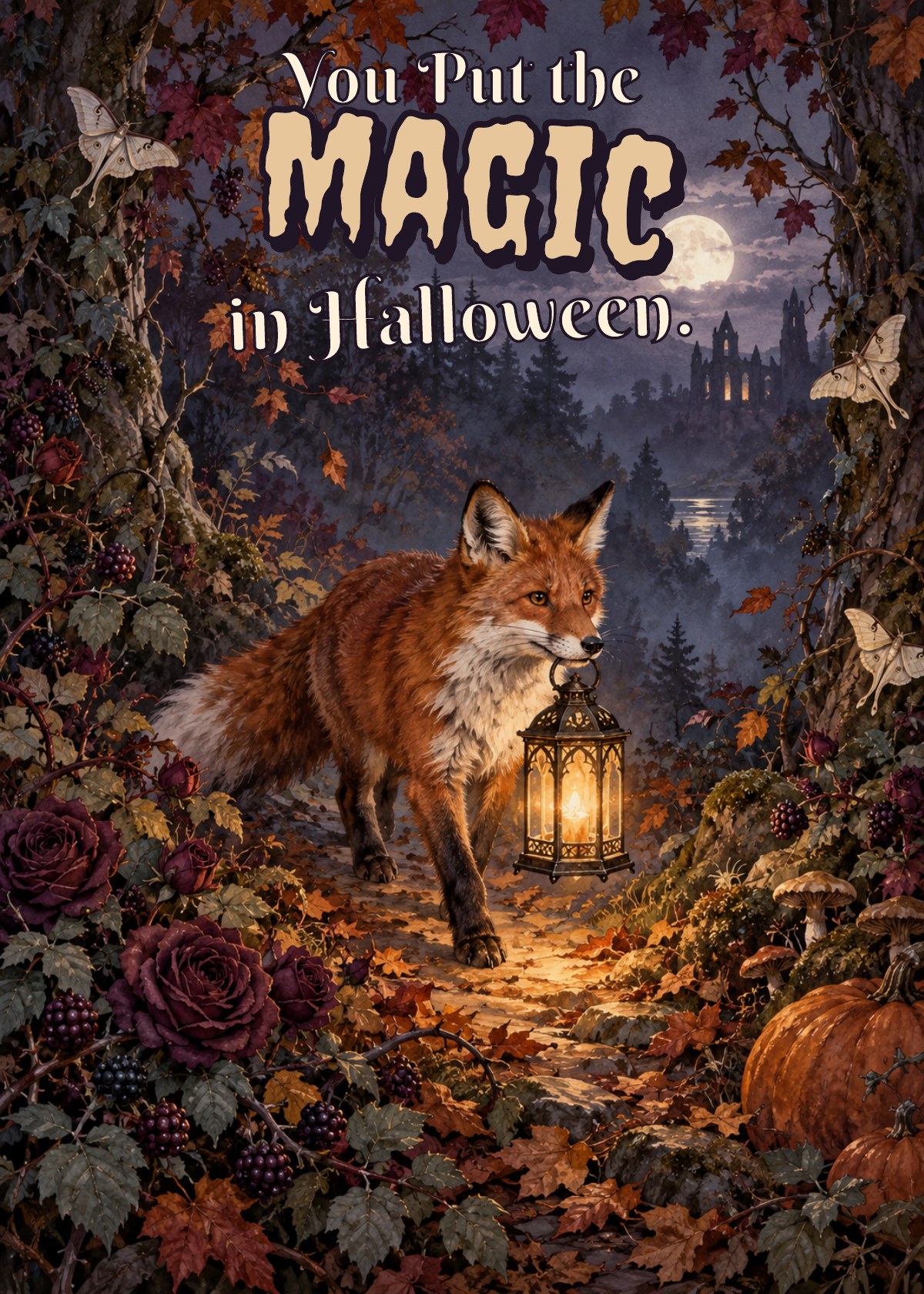 Gothic Halloween card showing a fox carrying a lantern through autumn woods. Greeting: You Put the Magic in Halloween.
