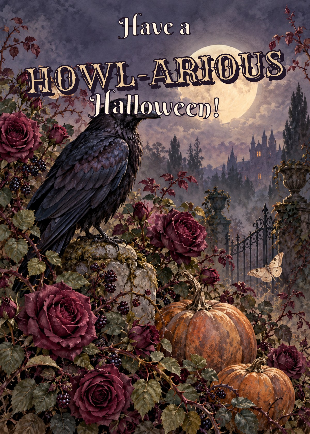 Gothic Halloween card showing a raven among moonlit roses and pumpkins. Greeting: Have a Howl-arious Halloween!