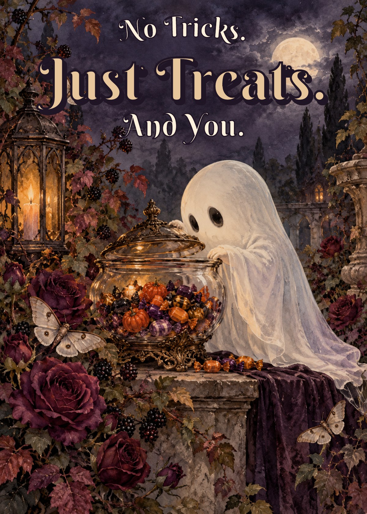 Gothic Halloween card showing a curious ghost looking into a candy jar. Greeting: No Tricks. Just Treats. And You.