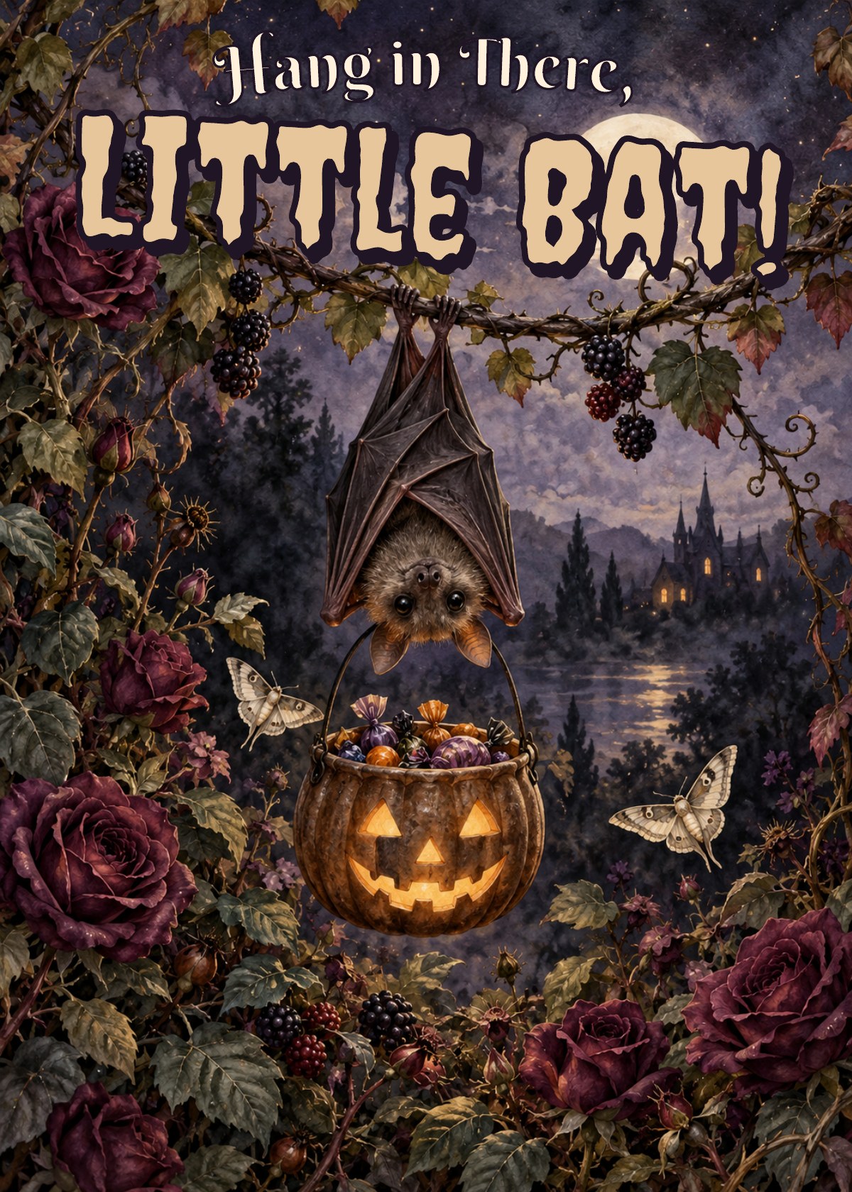 Gothic Halloween card showing a bat hanging from a vine above a candy bucket. Greeting: Hang in There, Little Bat!