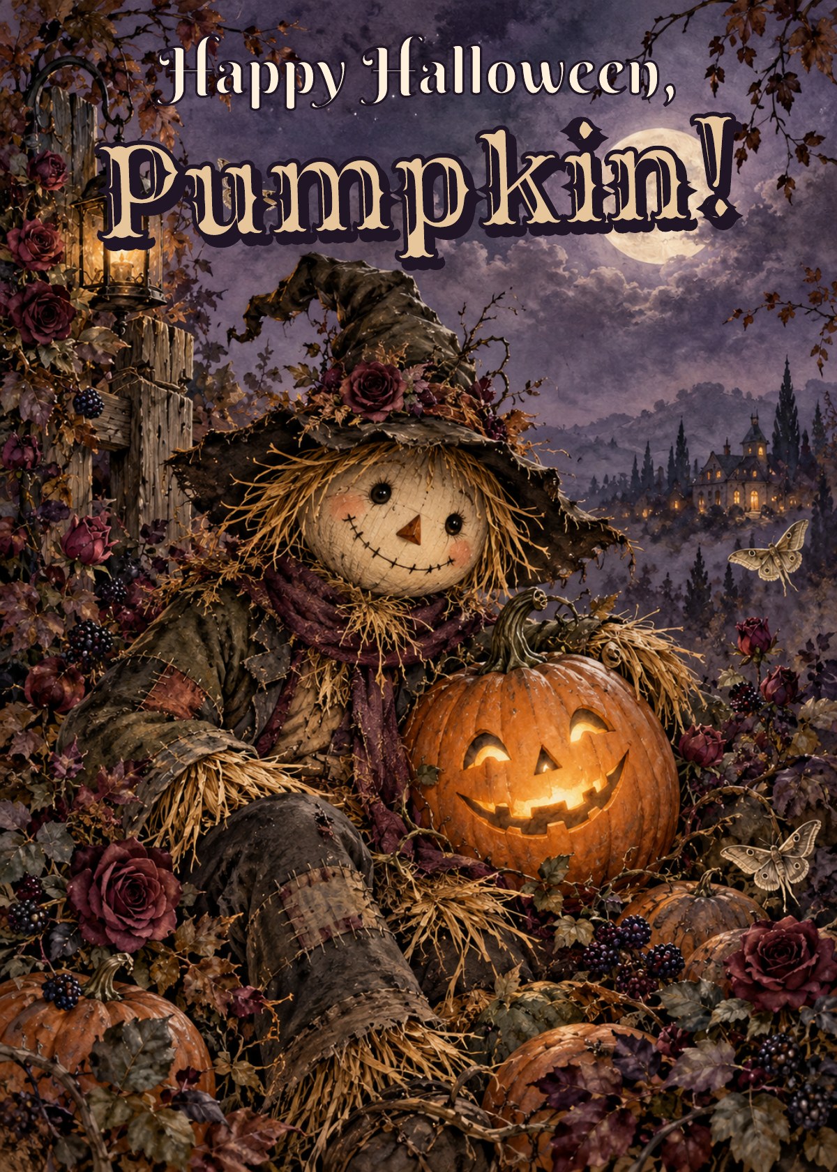 Gothic Halloween card showing a smiling scarecrow with a pumpkin friend. Greeting: Happy Halloween, Pumpkin!