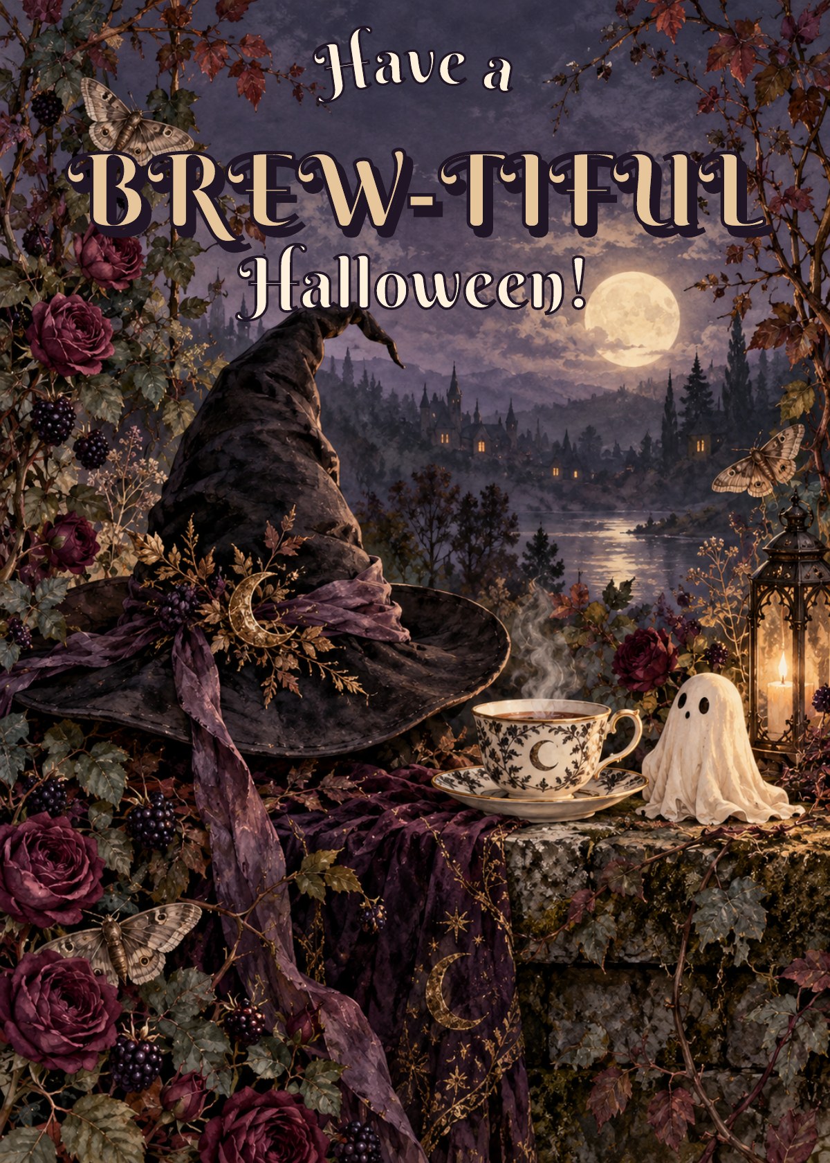 Gothic Halloween card showing a witch hat beside a teacup and a tiny ghost. Greeting: Have a Brew-tiful Halloween!