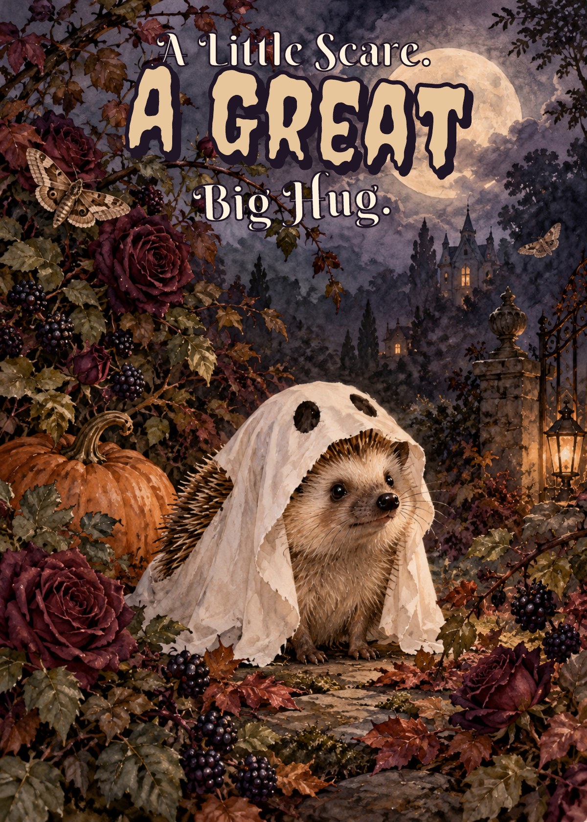 Gothic Halloween card showing a hedgehog in a little ghost costume. Greeting: A Little Scare. A Great Big Hug.