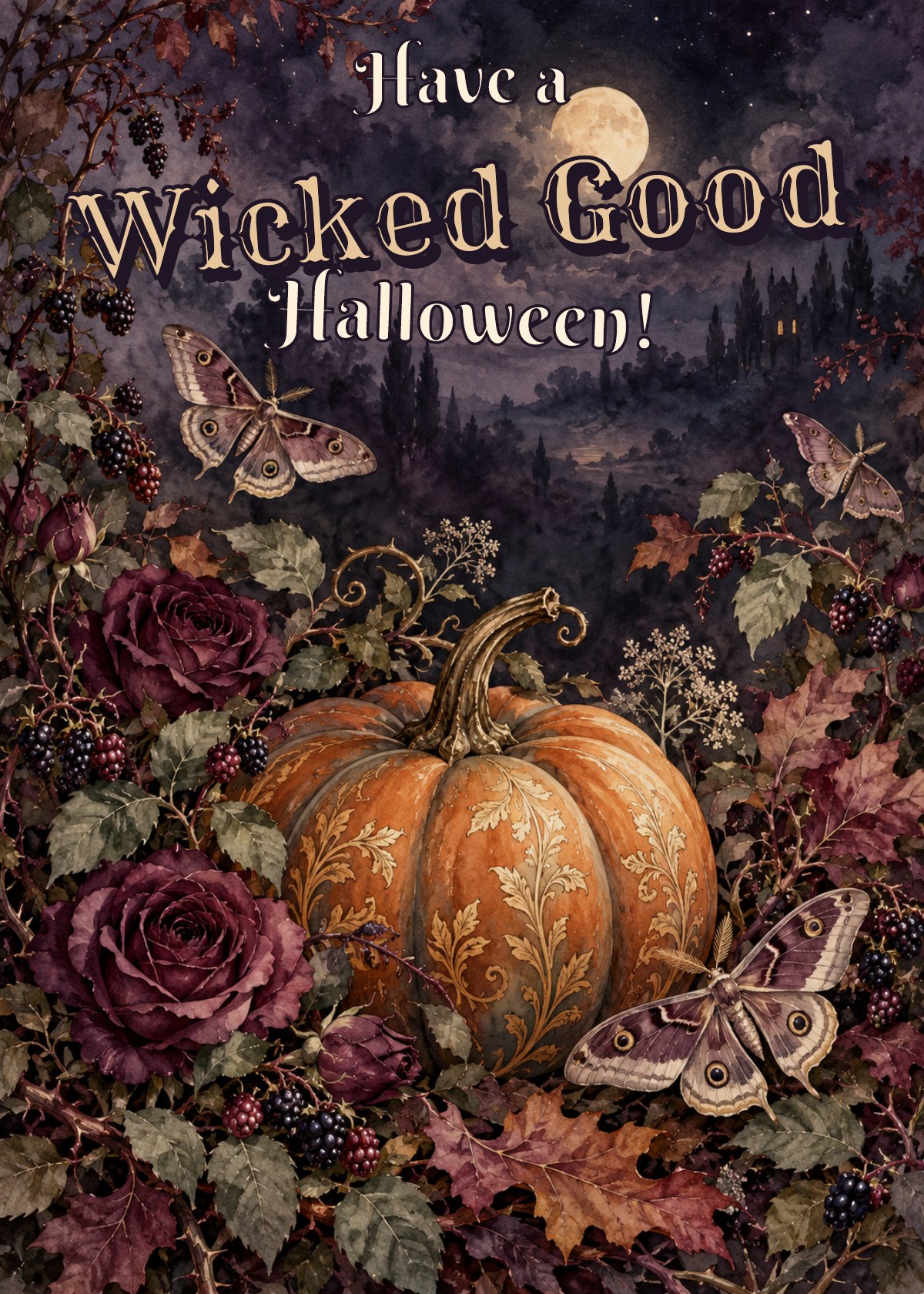 Gothic Halloween card showing an elegant pumpkin surrounded by moths and leaves. Greeting: Have a Wicked Good Halloween!
