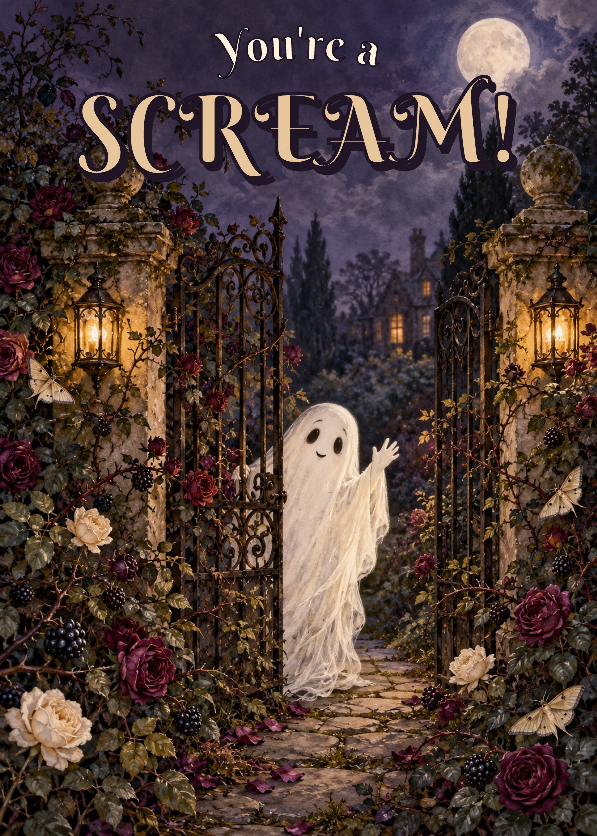 Gothic Halloween card showing a ghost waving from a moonlit garden gate. Greeting: You're a Scream!