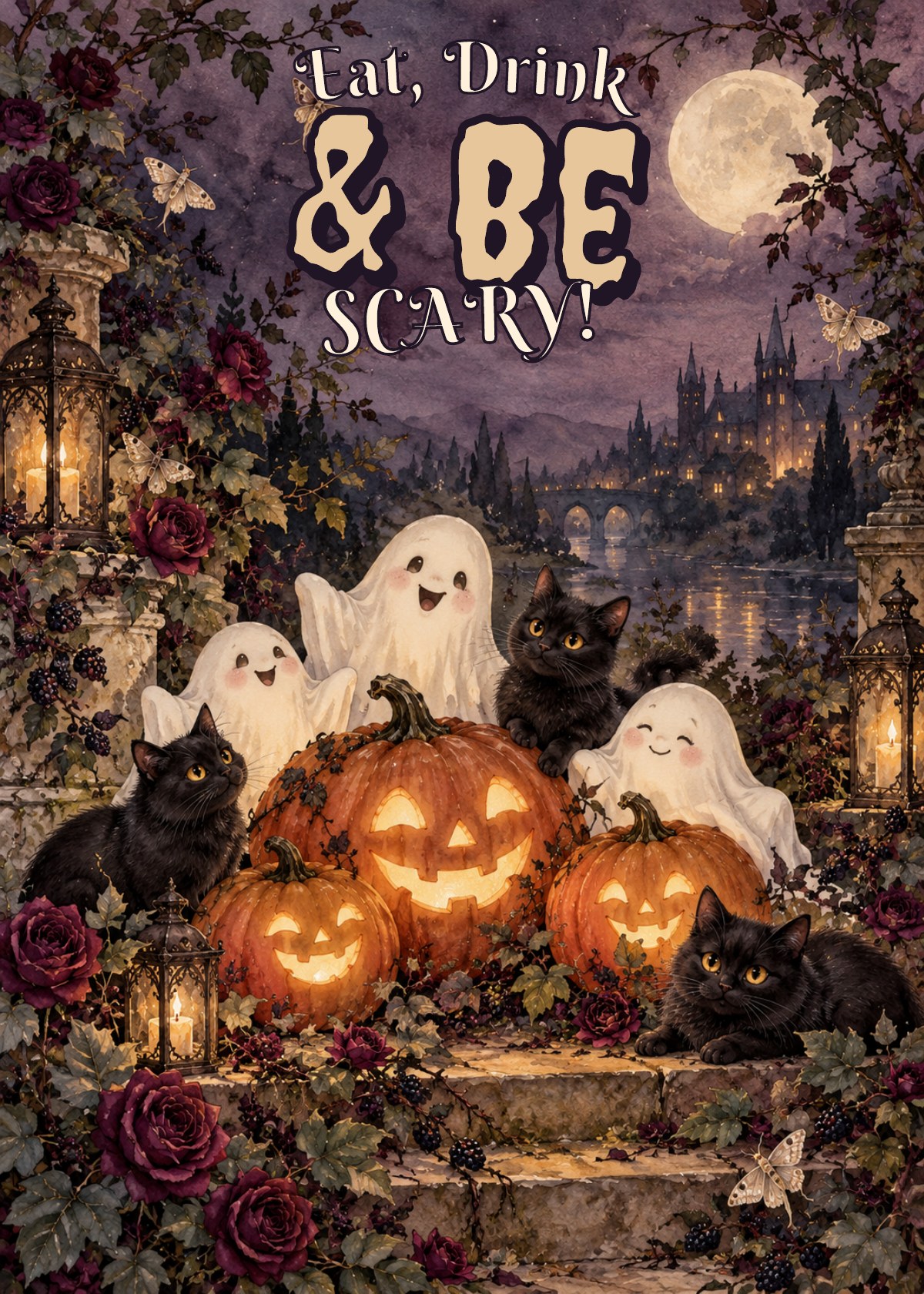 Gothic Halloween card showing a cheerful gathering of pumpkins, ghosts and cats. Greeting: Eat, Drink & Be Scary!