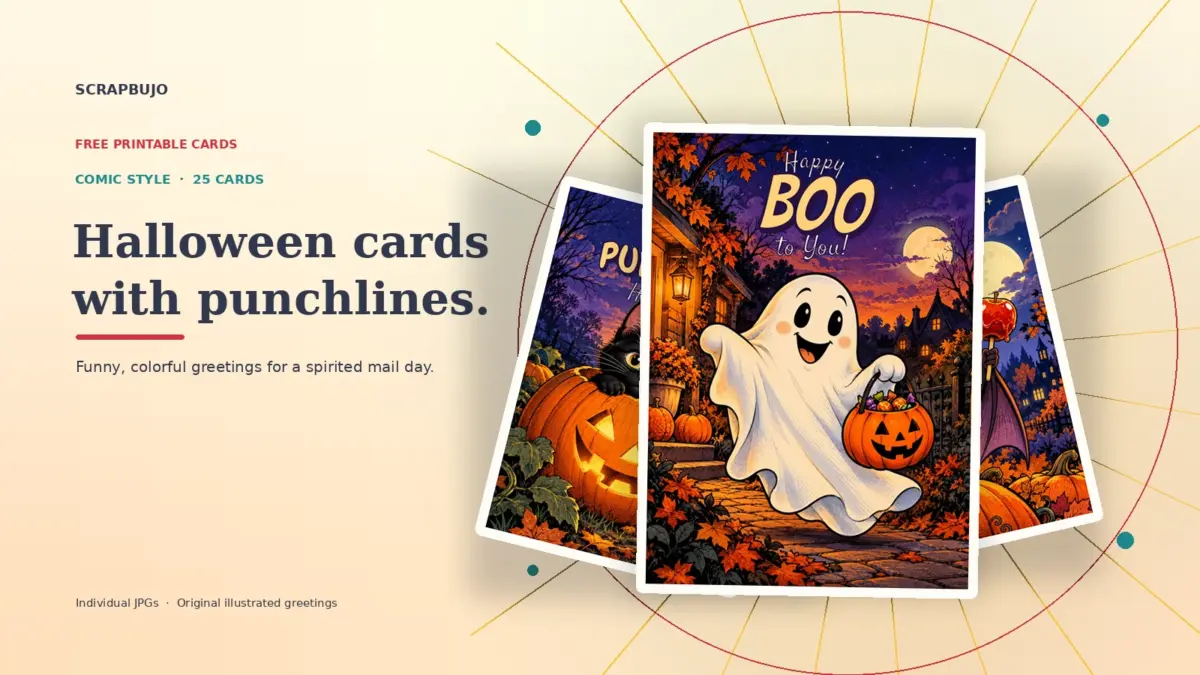 Comic Halloween greeting card previews arranged in a layered fan, with a ghost holding a pumpkin on the front card.