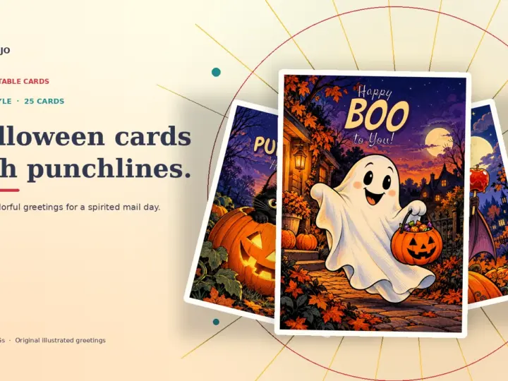 Comic Halloween greeting card previews arranged in a layered fan, with a ghost holding a pumpkin on the front card.