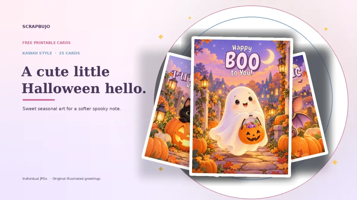 Kawaii Halloween greeting card previews arranged in a soft layered fan, with a smiling ghost on the front card.