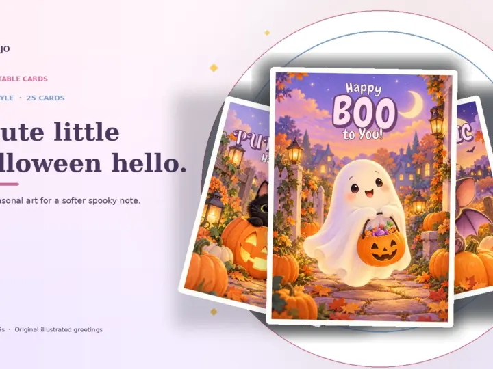 Kawaii Halloween greeting card previews arranged in a soft layered fan, with a smiling ghost on the front card.