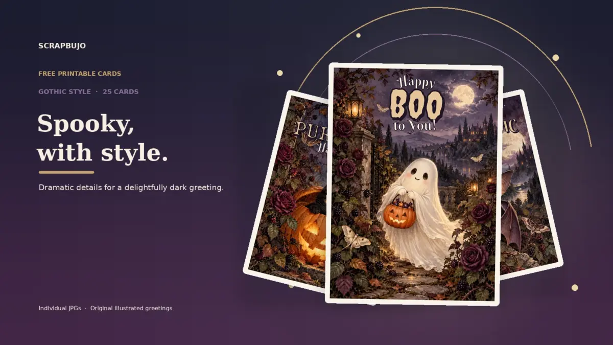 Gothic Halloween greeting card previews in a dramatic layered fan, with a ghost holding a pumpkin on the front card.
