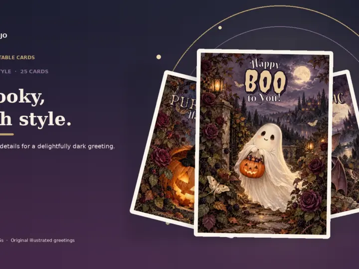 Gothic Halloween greeting card previews in a dramatic layered fan, with a ghost holding a pumpkin on the front card.
