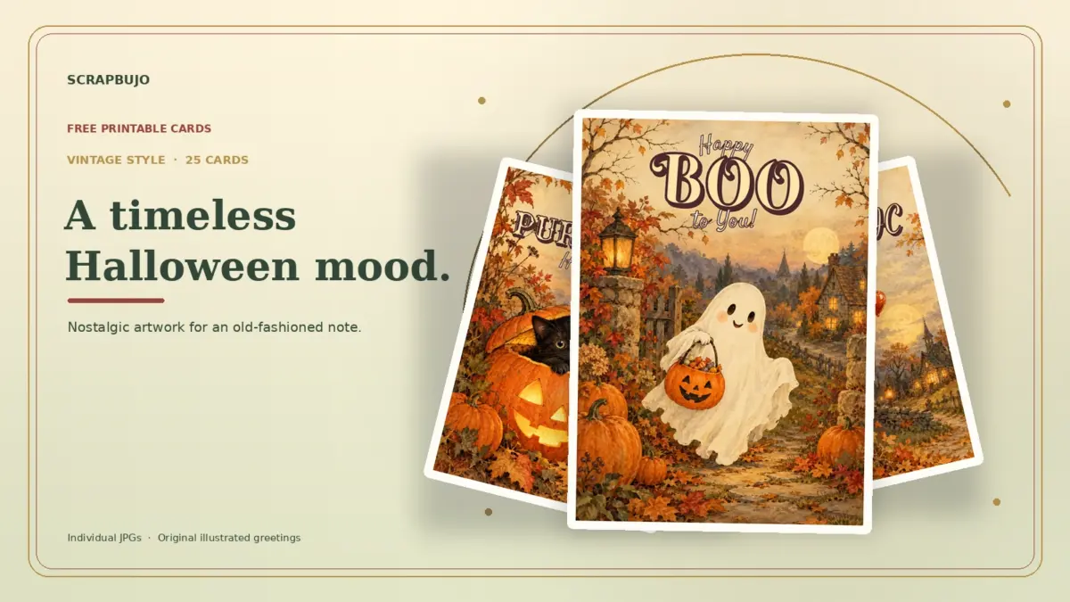 Vintage Halloween greeting card previews in a warm layered fan, with a ghost holding a pumpkin on the front card.