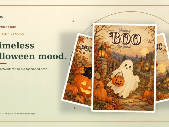 Vintage Halloween greeting card previews in a warm layered fan, with a ghost holding a pumpkin on the front card.
