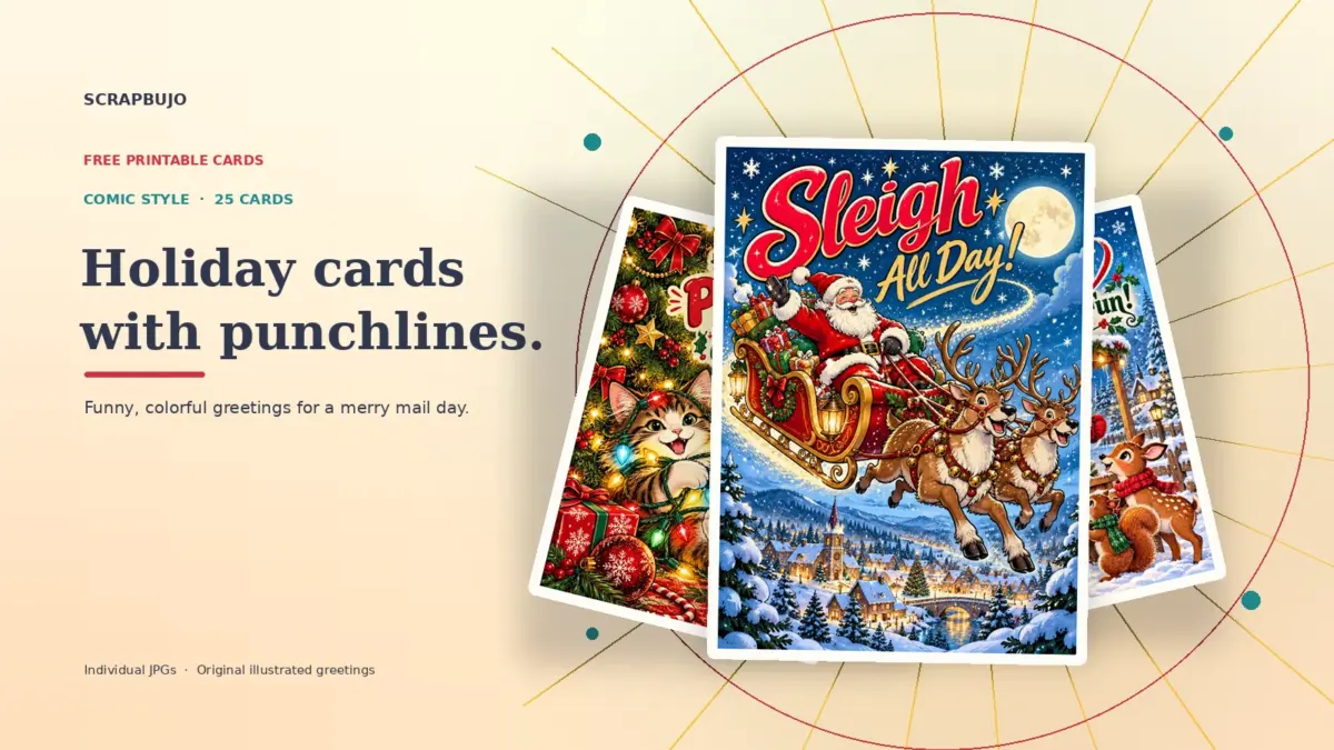 Comic Christmas greeting card previews arranged in a layered fan, with Santa in a sleigh on the front card.