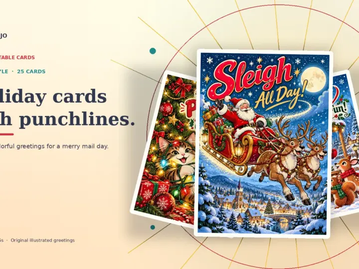 Comic Christmas greeting card previews arranged in a layered fan, with Santa in a sleigh on the front card.