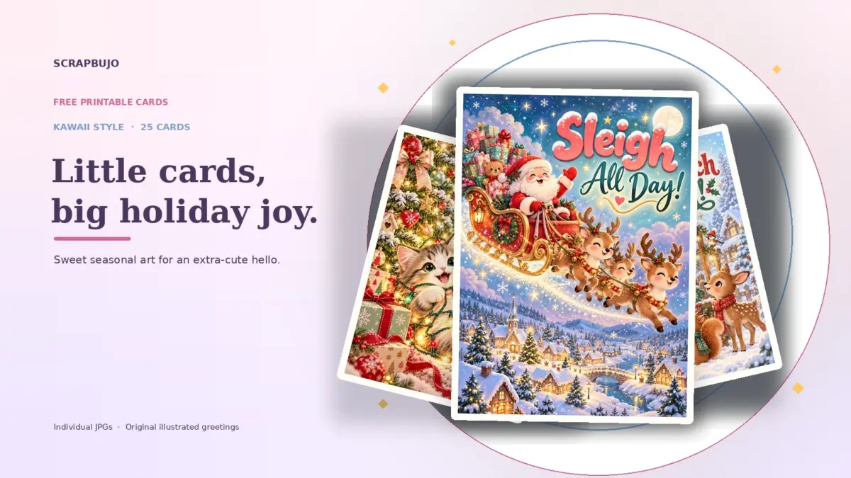 Kawaii Christmas greeting card previews in a soft layered fan, with Santa and reindeer on the front card.