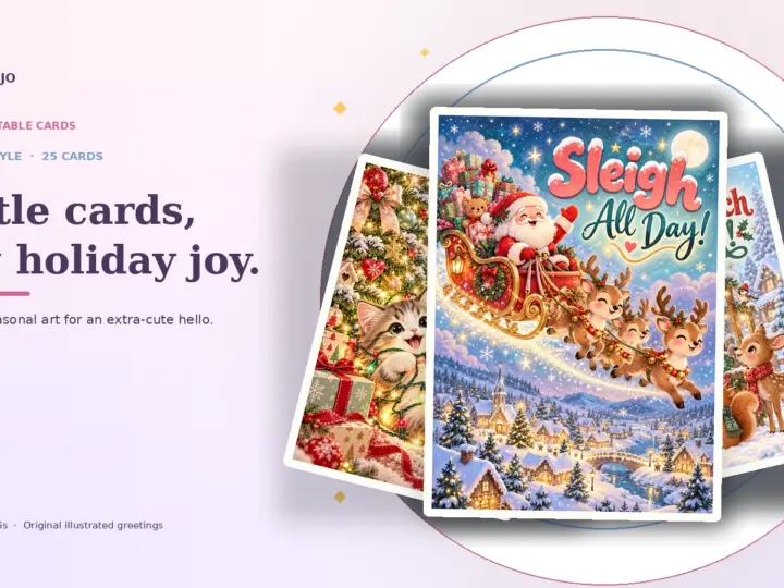 Kawaii Christmas greeting card previews in a soft layered fan, with Santa and reindeer on the front card.