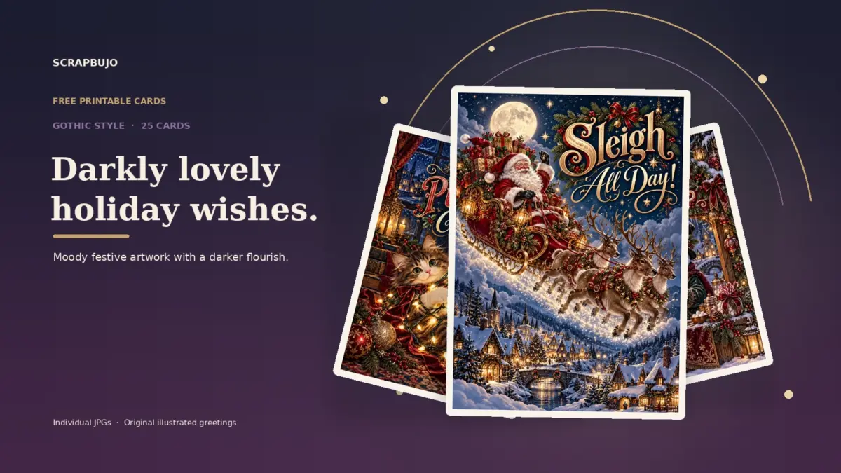 Gothic Christmas greeting card previews in a dramatic layered fan, with Santa in a sleigh on the front card.