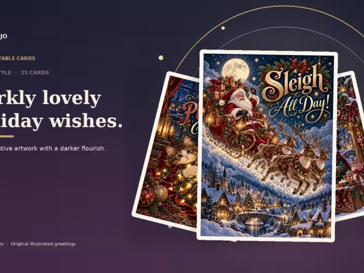 Gothic Christmas greeting card previews in a dramatic layered fan, with Santa in a sleigh on the front card.
