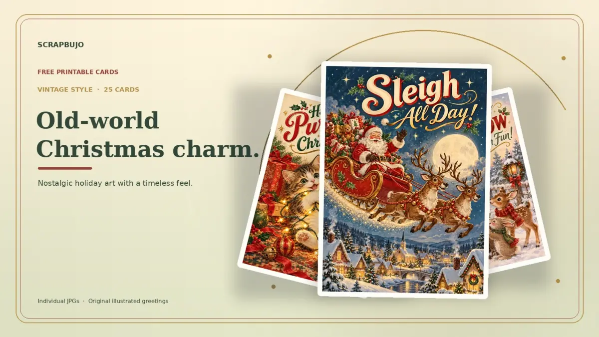 Vintage Christmas greeting card previews in a warm layered fan, with Santa in a sleigh on the front card.