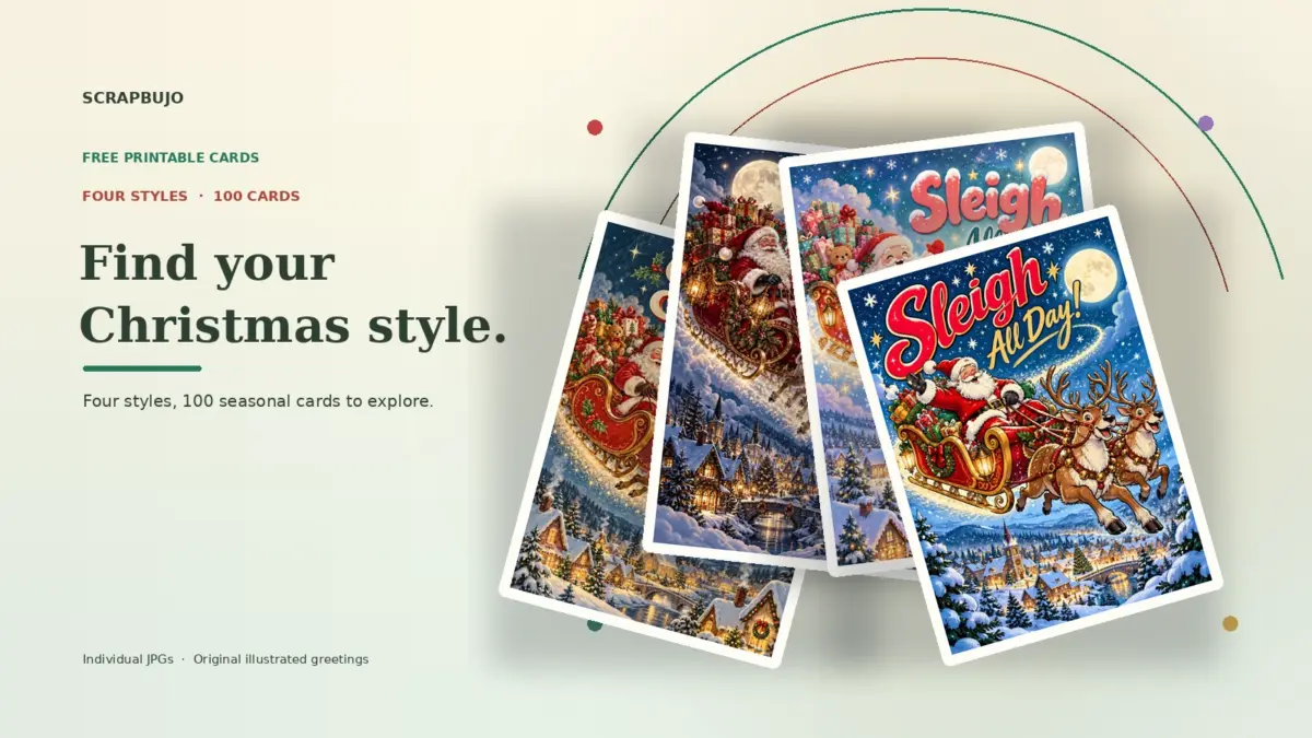 A layered preview of four Christmas greeting cards, representing comic, kawaii, gothic, and vintage styles.