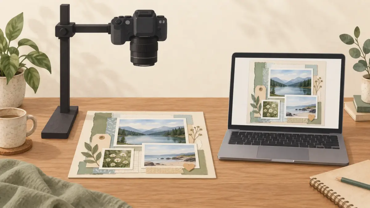 Illustration of an overhead camera setup capturing a scrapbook page, with a full-page digital copy shown on a laptop.