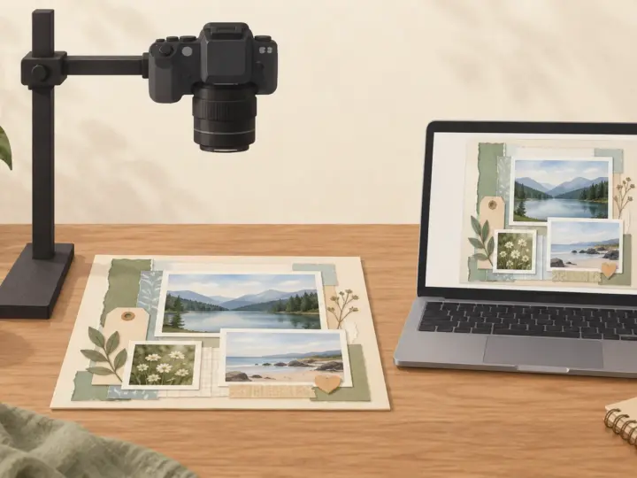 Illustration of an overhead camera setup capturing a scrapbook page, with a full-page digital copy shown on a laptop.
